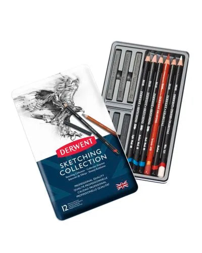 Derwent sketching collection with pencils and packaging on a white background