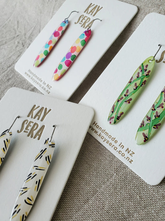 Hand-painted paper earrings vibrant floral design Palmerston North Kay Sera