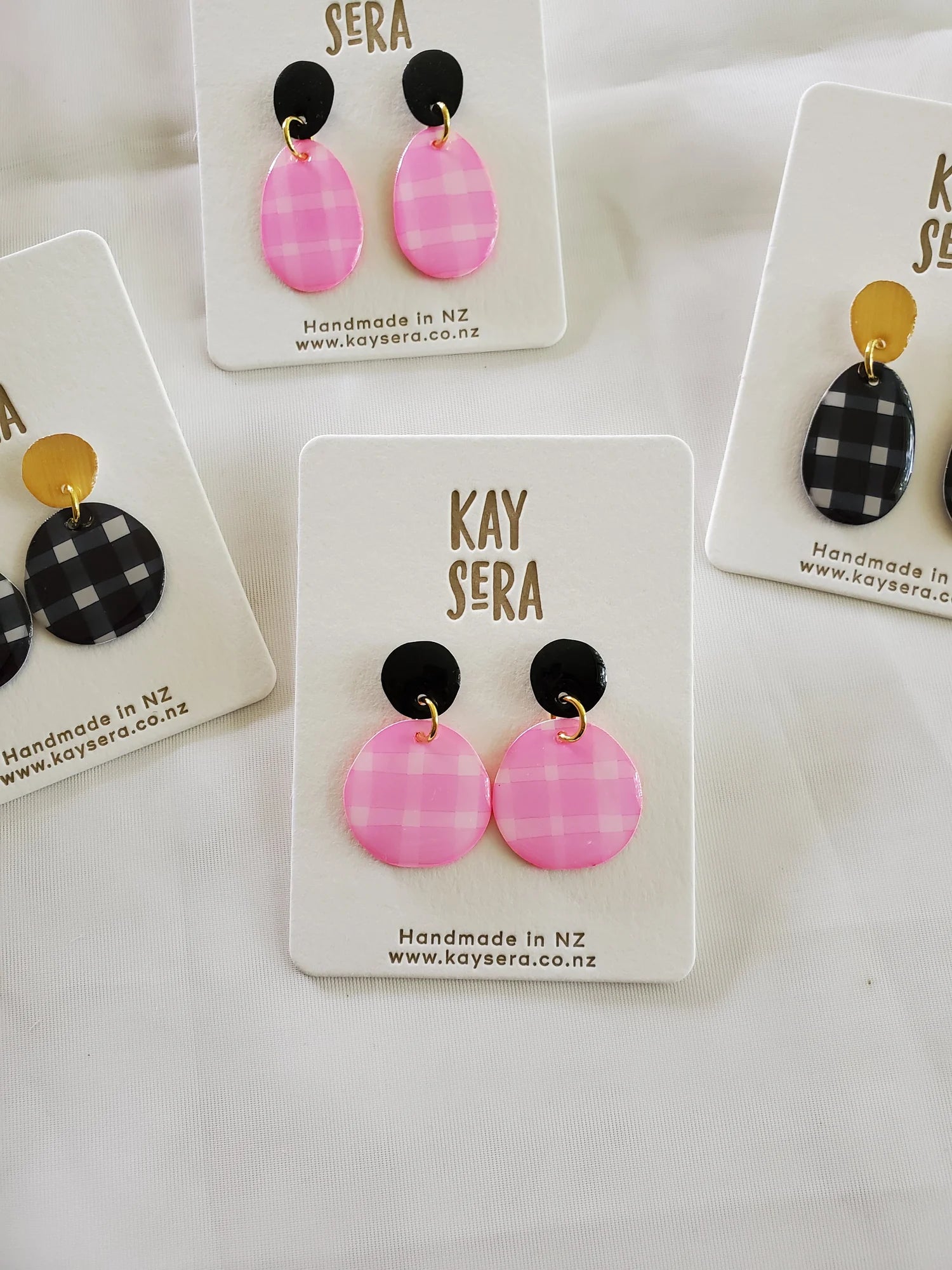 Hand-painted paper earrings vibrant gingham design Palmerston North Kay Sera