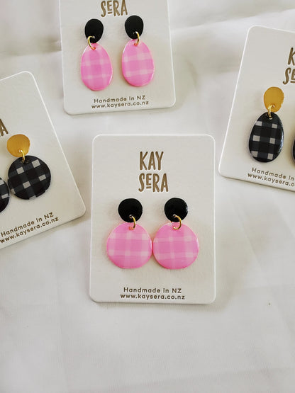Hand-painted paper earrings vibrant gingham design Palmerston North Kay Sera