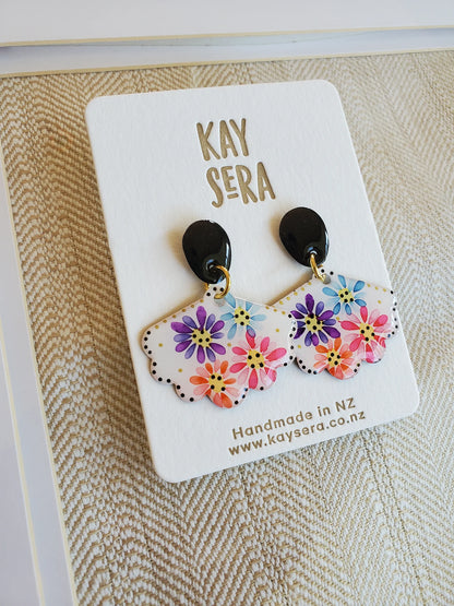 Hand-painted paper earrings vibrant design Palmerston North Kay Sera