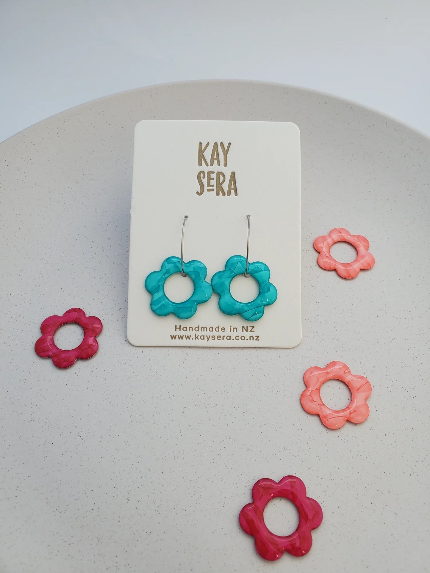 Hand-painted paper earrings vibrant design Palmerston North Kay Sera