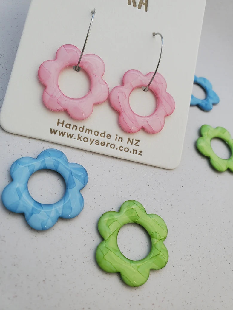 Hand-painted paper earrings vibrant design Palmerston North Kay Sera