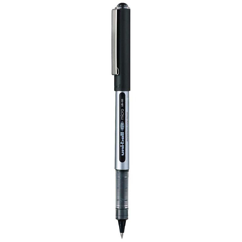 A Uni-ball Micro pen with a black grip, silver metal barrel, and clear end cap, shown horizontally against a plain white background.