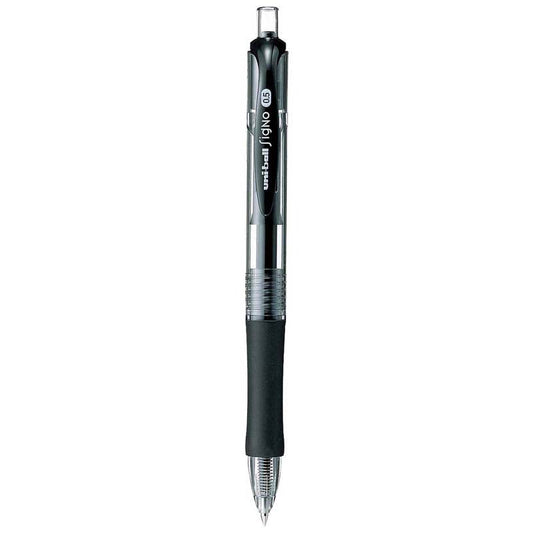 A Uni-ball Ignis 0.5 gel pen with a black grip, clear barrel, and silver metal tip, shown horizontally against a plain white background.