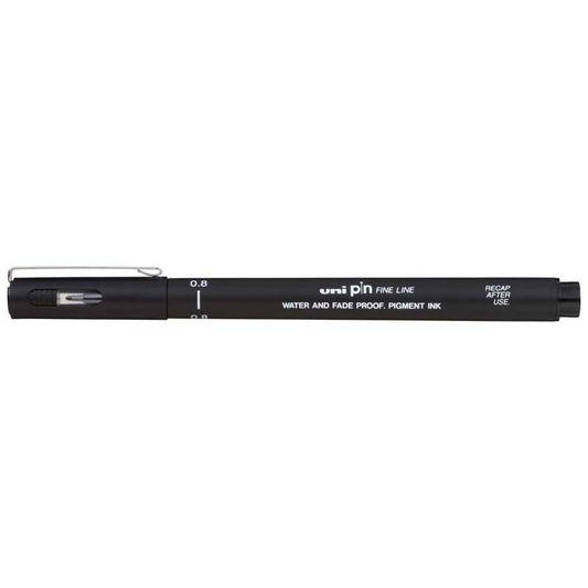 A black Uni Fine Line recap pen with white printed text and a silver metal clip, shown horizontally against a plain white background.