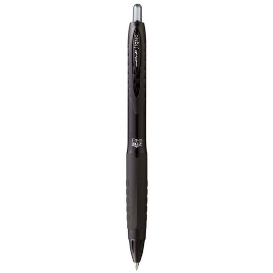 A black Uni-ball Signo retractable ballpoint pen with a textured grip and silver metal tip, shown  on a plain white background.