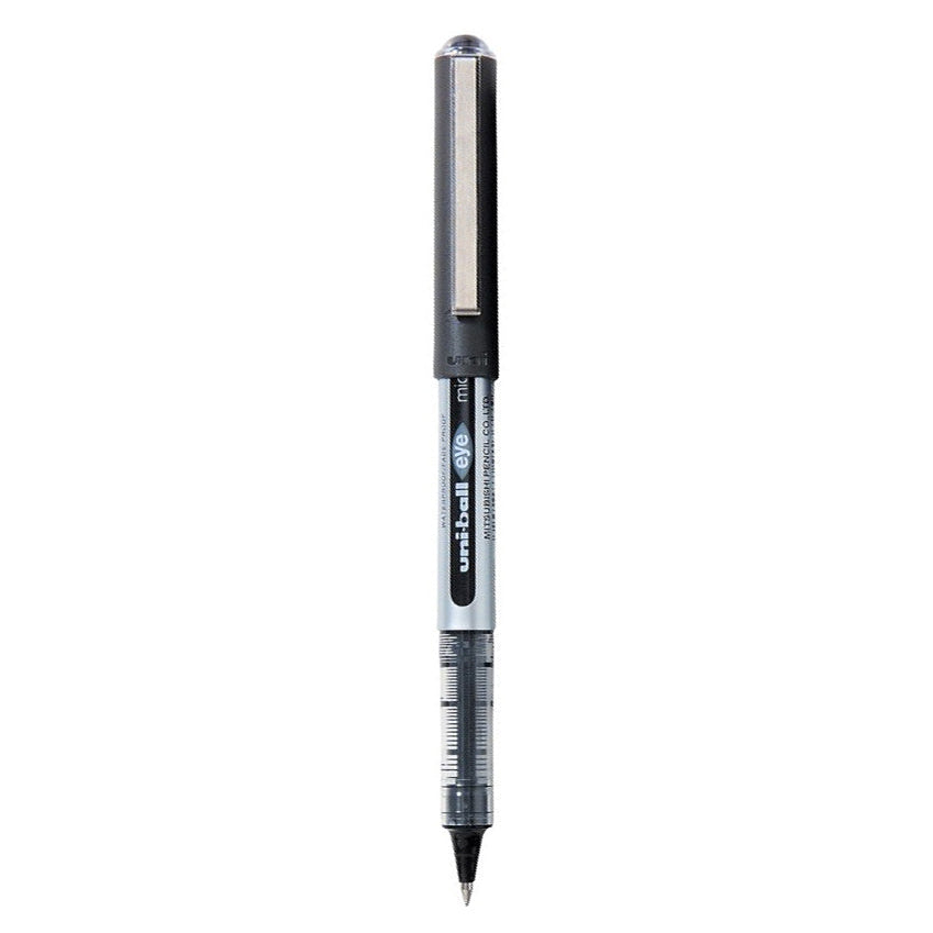 Uni-ball black fine liner pen on white background