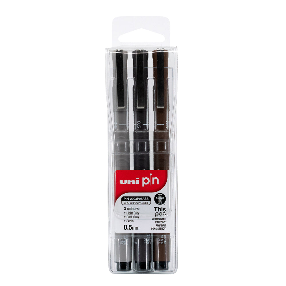 UNI Pin Fineline Permanent Drawing 3 Colour Set 0.5mm