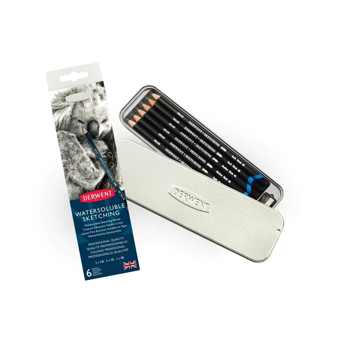 Derwent water-soluble sketching pencils set with packaging on a white background