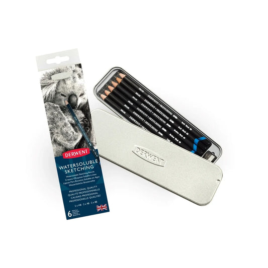 Derwent water-soluble sketching pencils set with packaging on a white background
