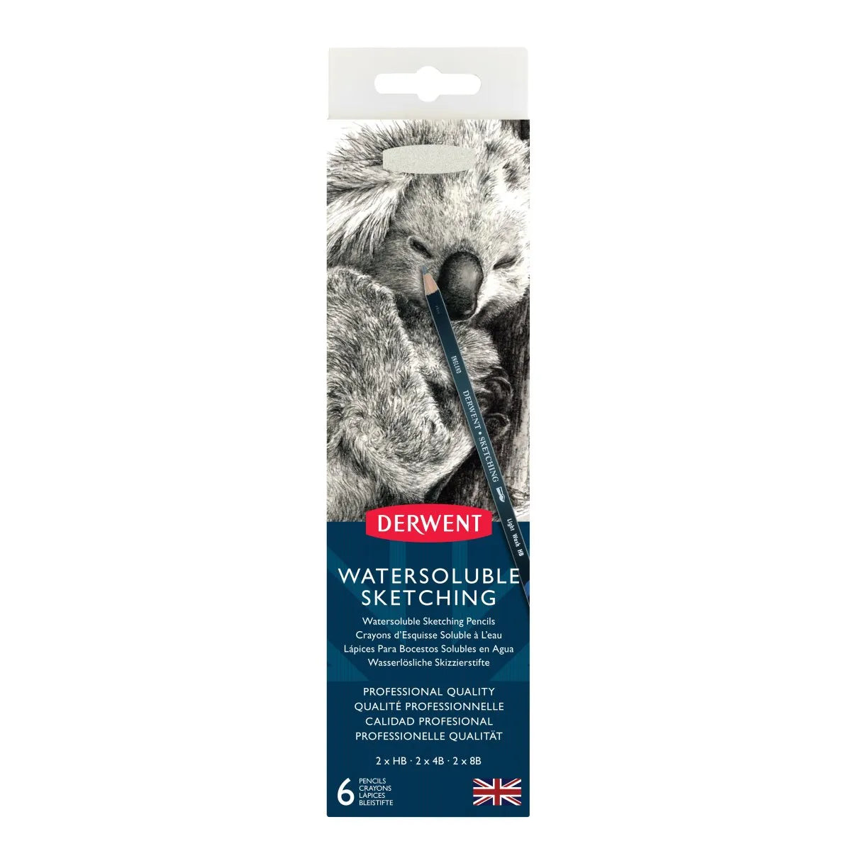 Derwent Watersoluble Sketching 6-pack in its original retail packaging, featuring a sketching pencil with a koala illustration on the front.
