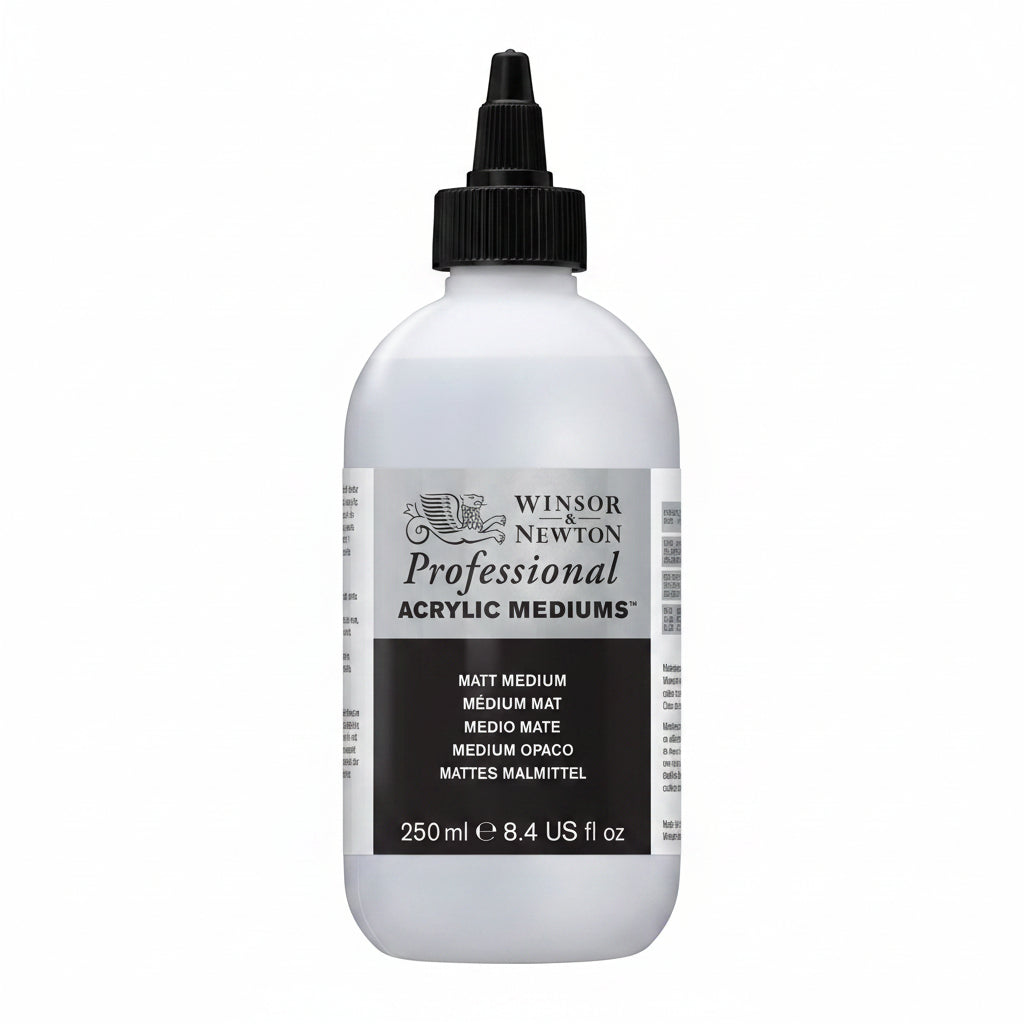 Winsor & Newton Professional Acrylic Mediums Matt Medium bottle, 250 ml, with a black cap and a white and black label.