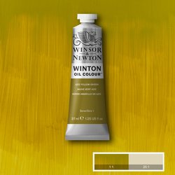 A tube of Winsor Newton Winton Oil Colour paint on a textured yellow background, with a small color swatch box in the bottom right corner.