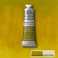 A tube of Winsor Newton Winton Oil Colour paint on a textured yellow background, with a small color swatch box in the bottom right corner.