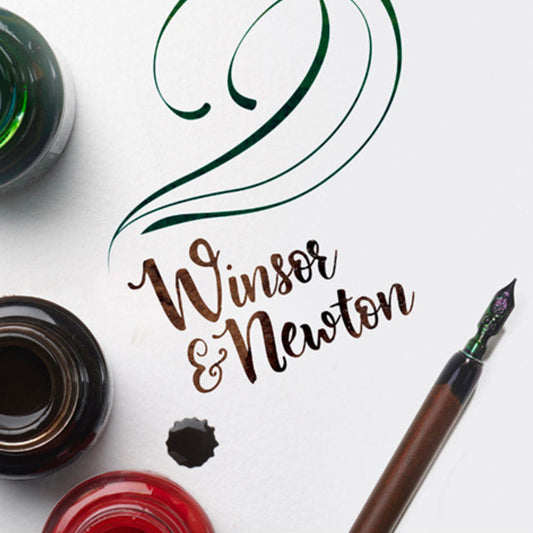 Ink bottles and a pen with Winsor & Newton branding on a white background