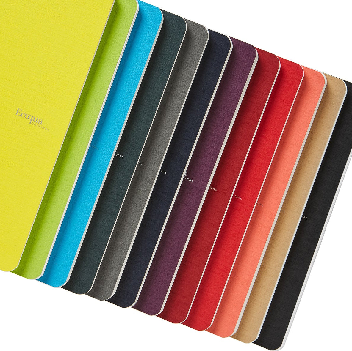 A collection of Fabriano Ecoqua Original stapled notebooks in various solid colors, displayed open to show the light ivory paper inside.