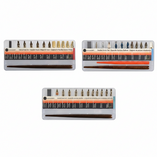 Sets of calligraphy nibs in a holder with labels on a white background