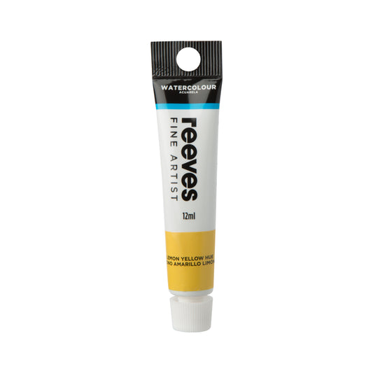 A 12ml tube of Reeves Fine Artist Watercolour paint in the shade Lemon Yellow Hue, shown against a plain white background.