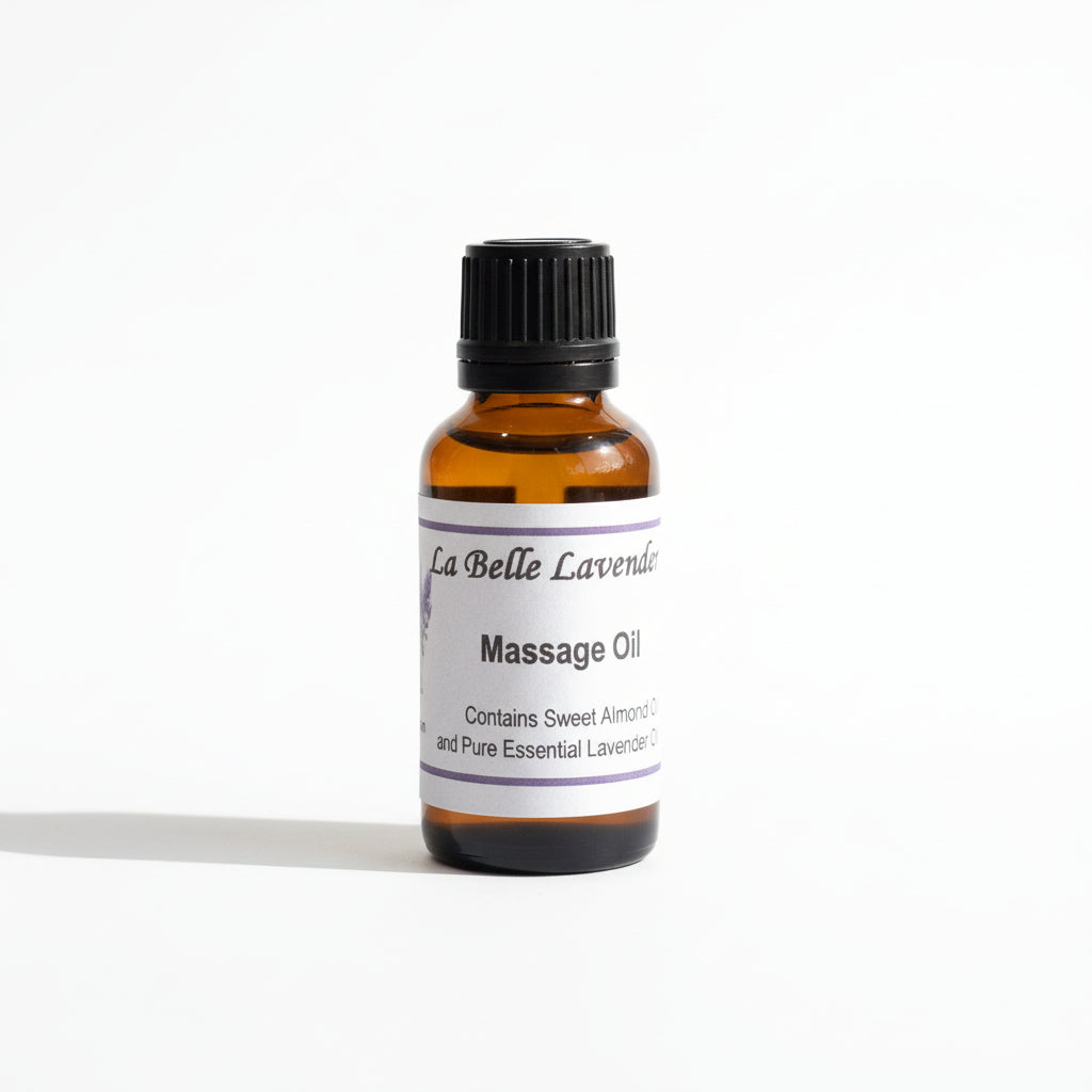 Bottle of La Belle Lavande massage oil on a blurred background