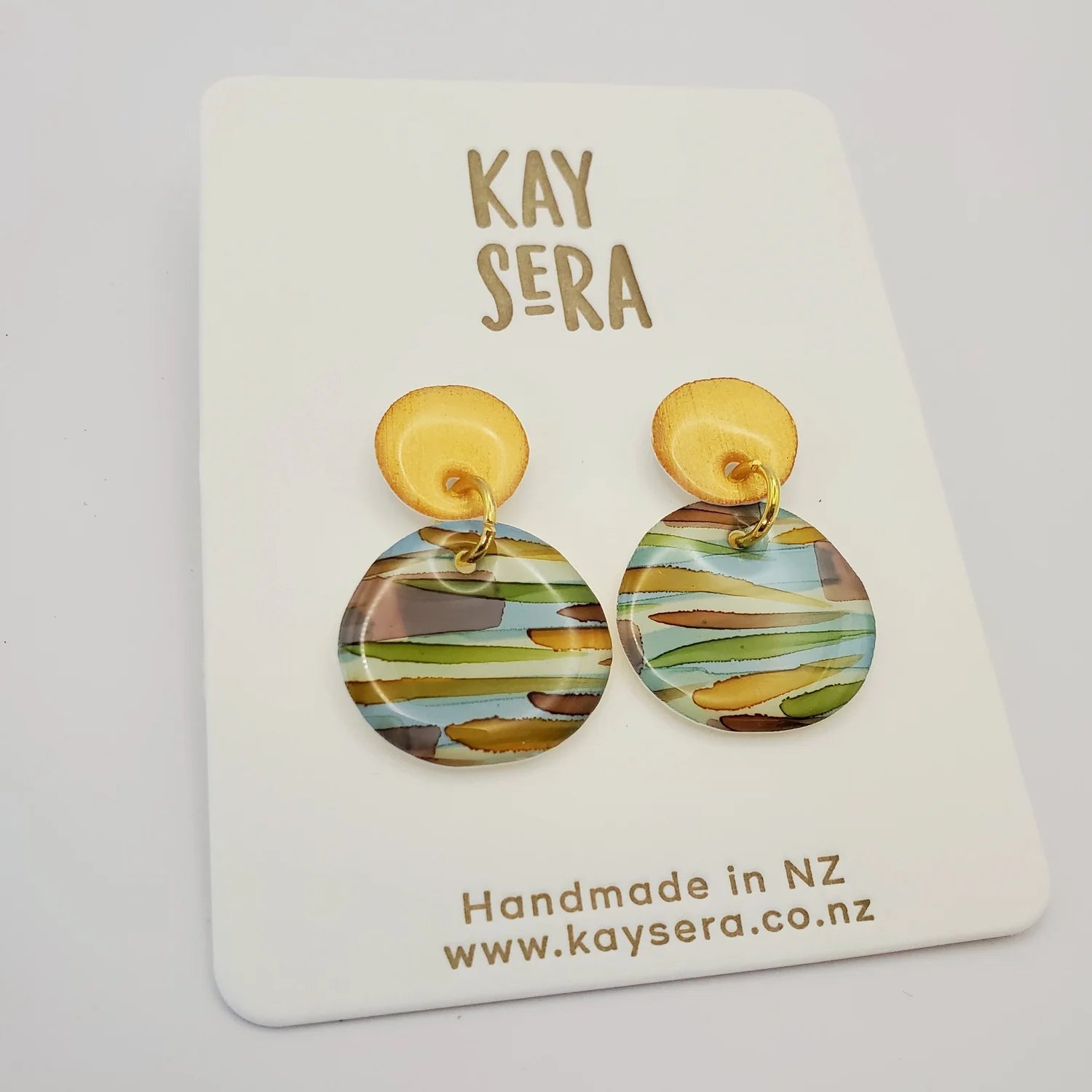 Hand-painted paper earrings vibrant design Palmerston North Kay Sera