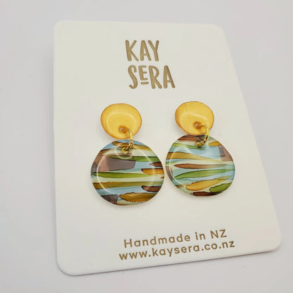 Hand-painted paper earrings vibrant design Palmerston North Kay Sera