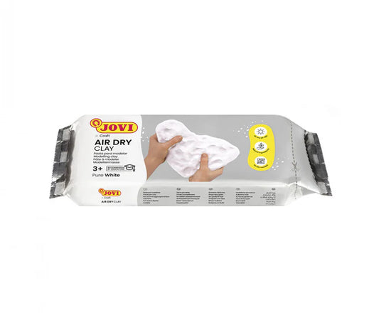 Jovi air dry clay packaging with a hand holding white clay on a white background