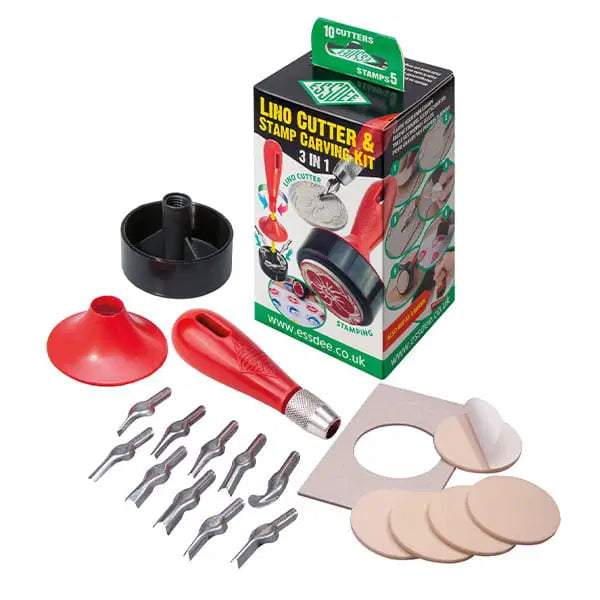 ESSDEE Lino Cutter & Round Stamp Carving Kit 3-in-1 (Green 10 cutters & 5 stamps)