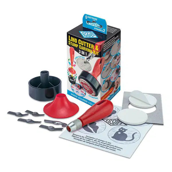 ESSDEE Lino Cutter & Round Stamp Carving Kit 3-in-1 (Blue 5 cutters & 2 stamps)