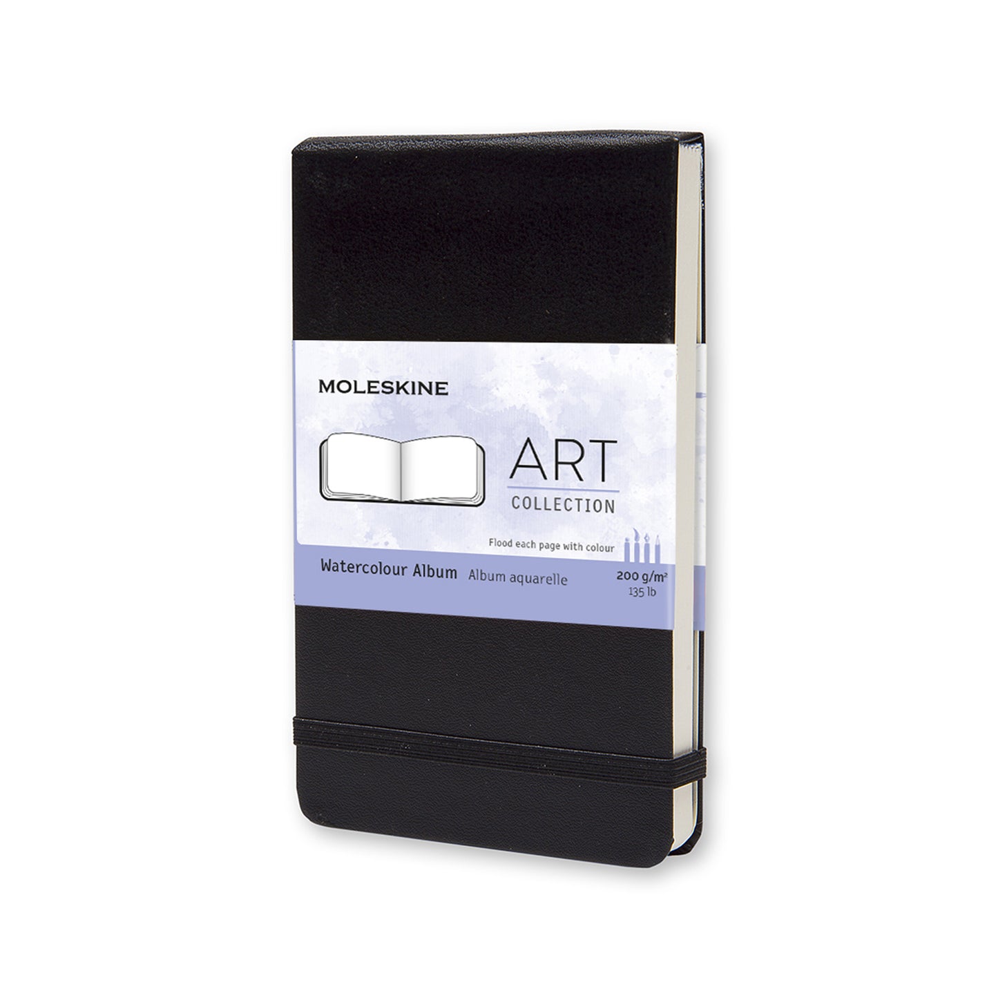 A Moleskine Art Collection watercolor album notebook, featuring a black textured cover, elastic closure, and a white and purple label on the front.