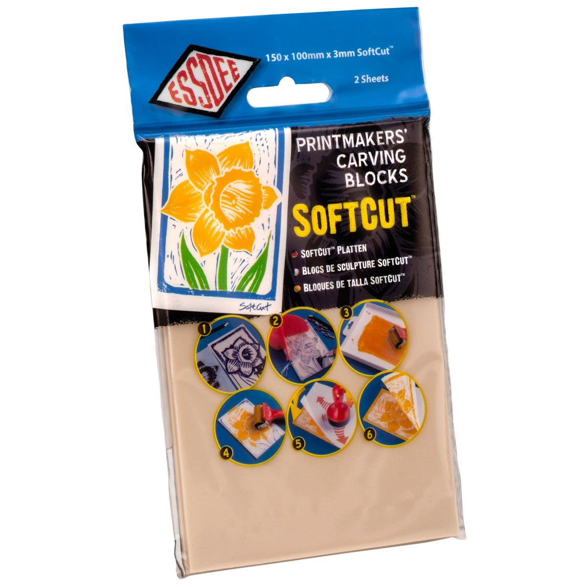 A package of Essofe SoftCut Printmakers Carving Blocks, containing 2 sheets of beige carving blocks in a clear plastic bag with a blue and black header card.