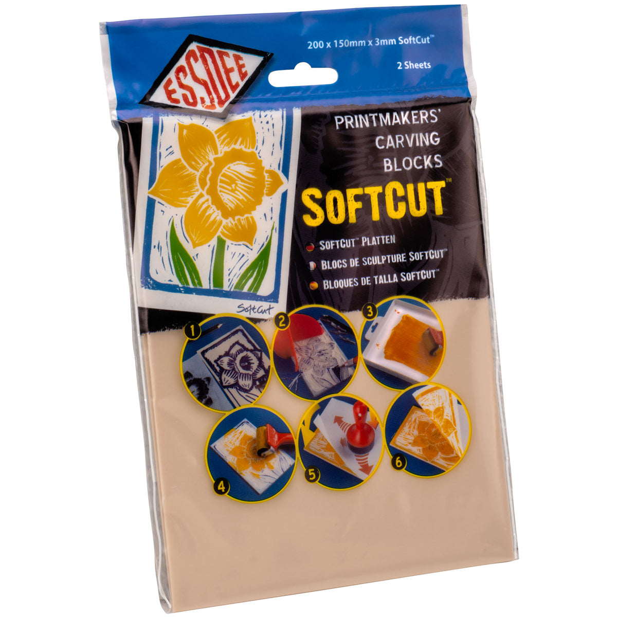 A package of Essie SoftCut printmakers carving blocks, containing 2 sheets of beige-colored blocks, with a blue header card showing product details and a daffodil illustration.