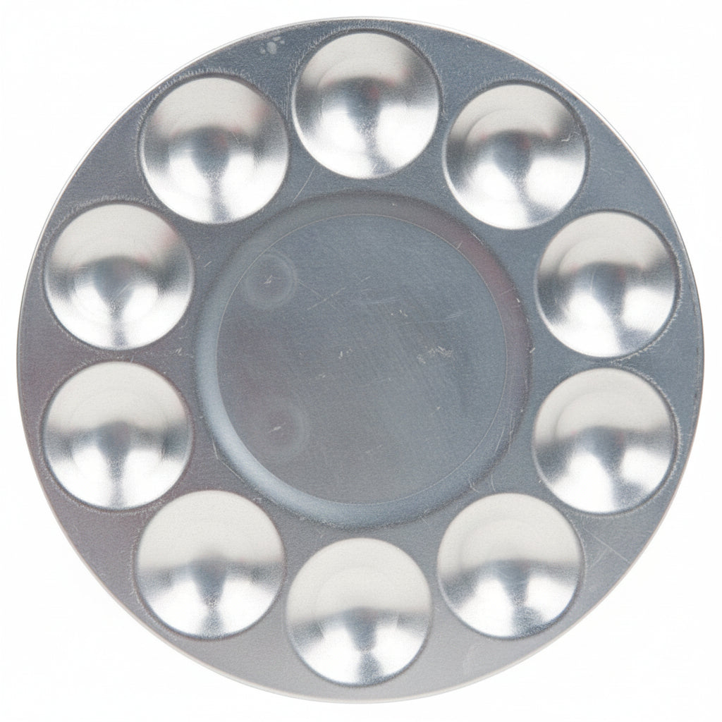 A round silver metal makeup palette with ten circular wells arranged in a ring around a central well, shown on a plain white background.