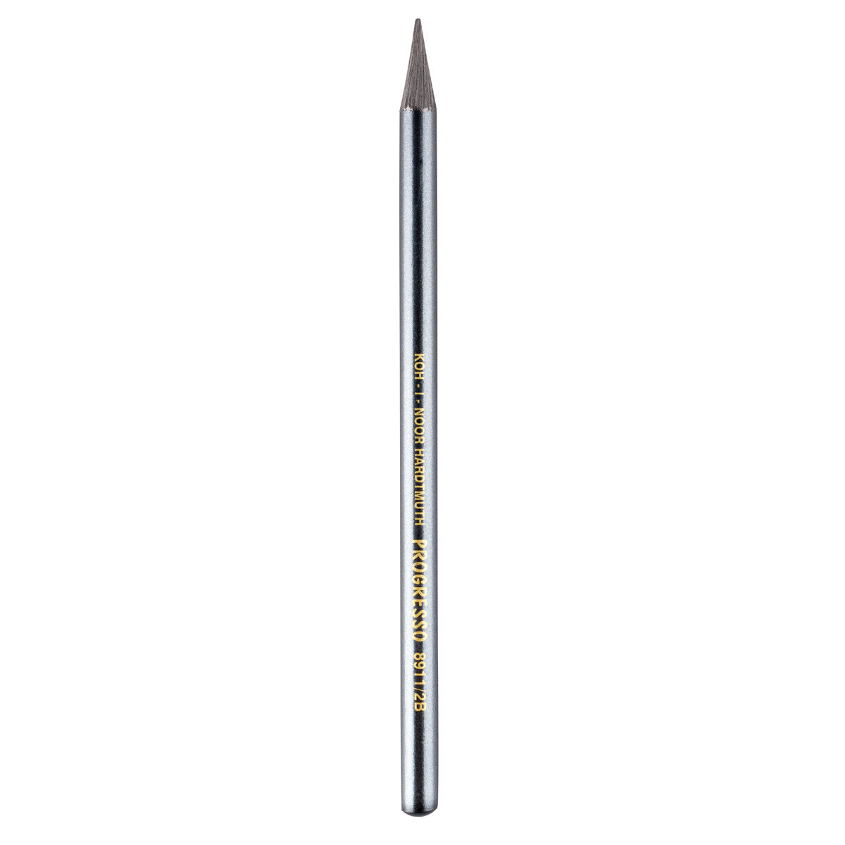 A single metallic silver pencil graphite stick with gold text reading KOH-I NOOR HARDTMUTH PROGRESSO on a white background
