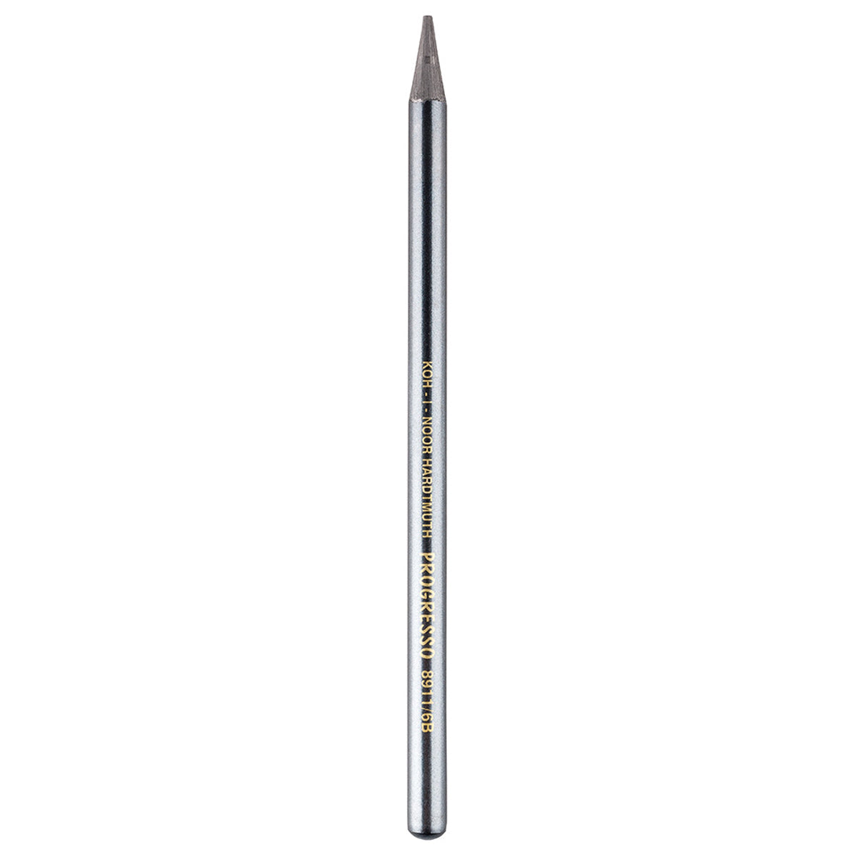 A single metallic silver pencil graphite stick with gold text reading KOH-I NOOR HARDTMUTH PROGRESSO on a white background
