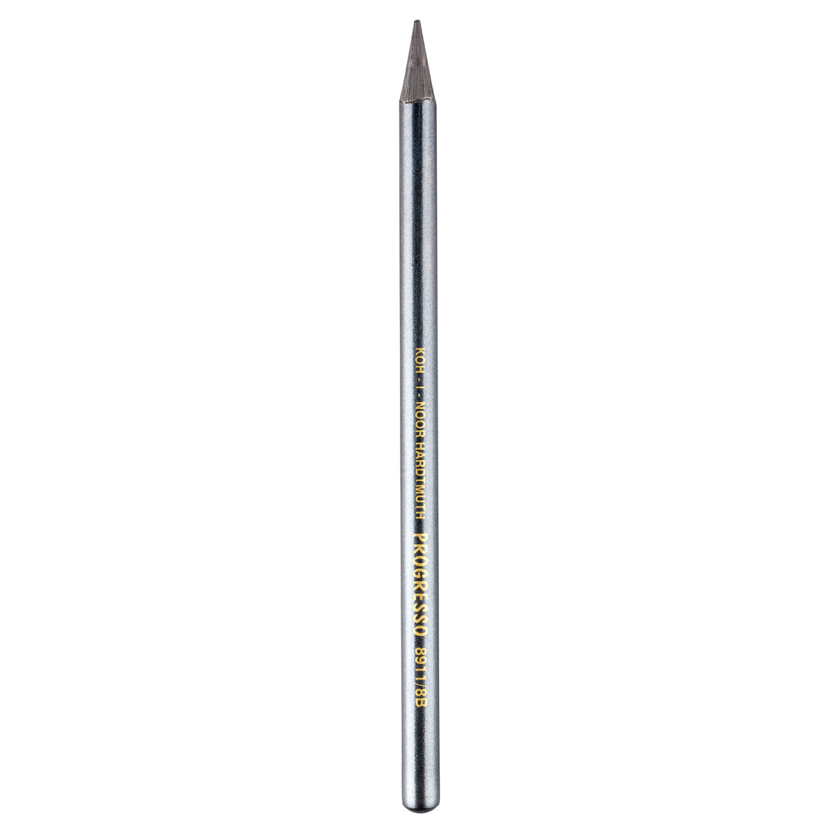 A single metallic silver pencil graphite stick with gold text reading KOH-I NOOR HARDTMUTH PROGRESSO on a white background