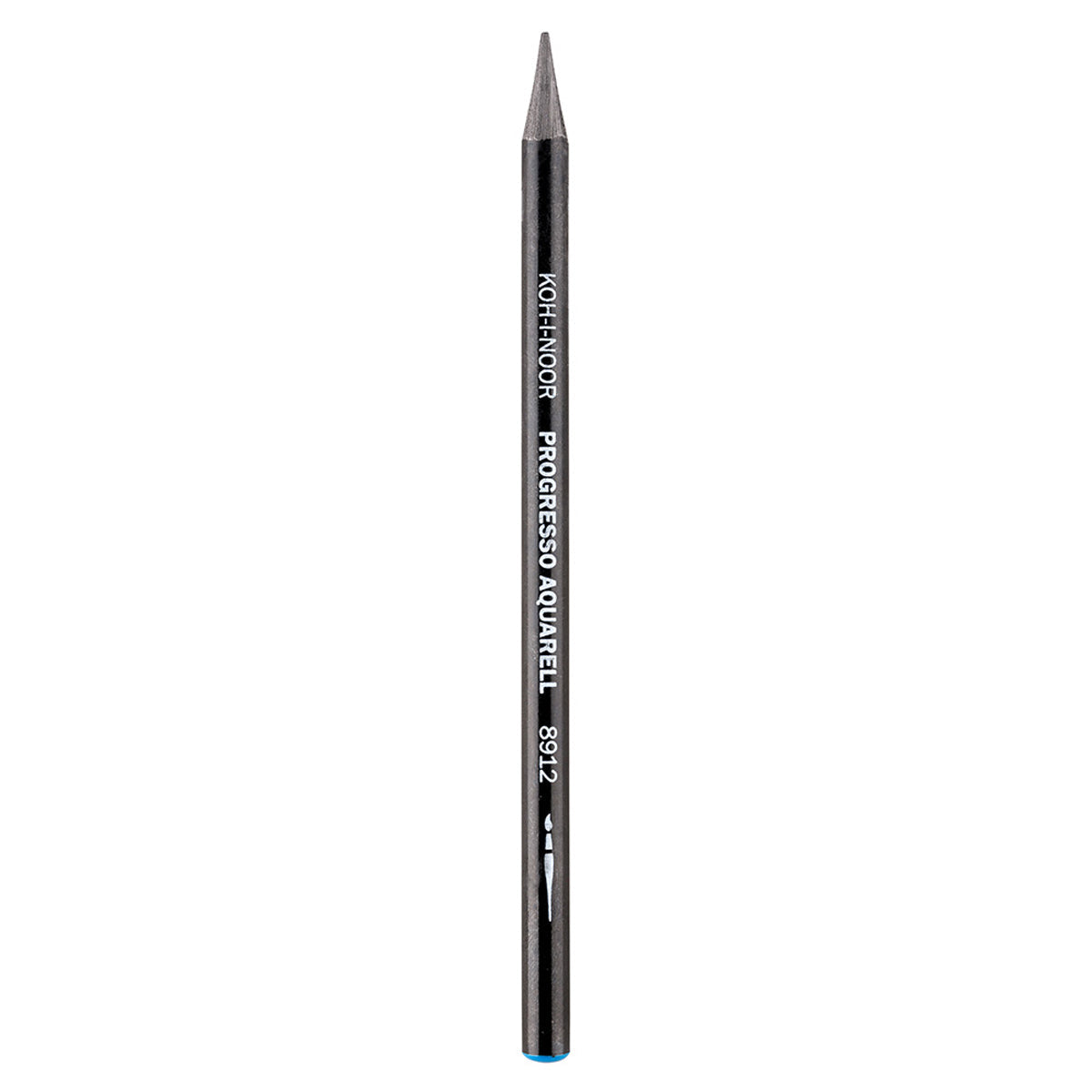 A Koh-Noor Progresso Aquarell pencil, model 8912, shown against a plain white background. The pencil is black with white printed text and a small blue accent at the end.