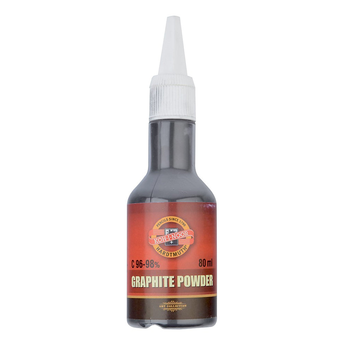 A bottle of Koh-i-noor Graphite Powder, featuring a dark gray bottle with a white applicator cap and a red label.