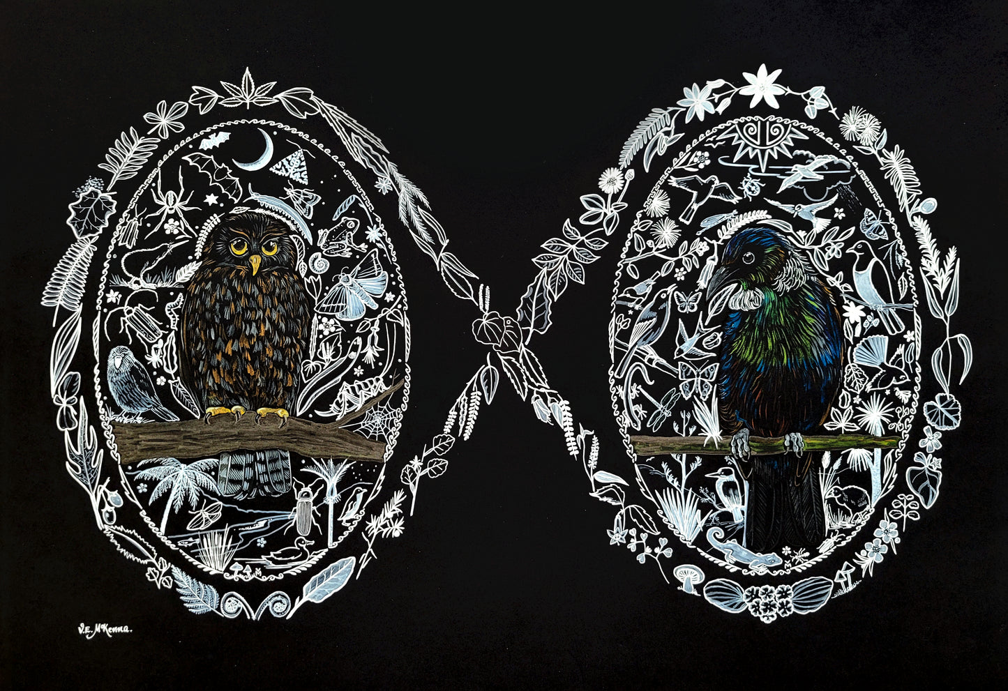 Two oval frames with detailed illustrations of a Ruru and a Tui on a black background. Original Artwork.