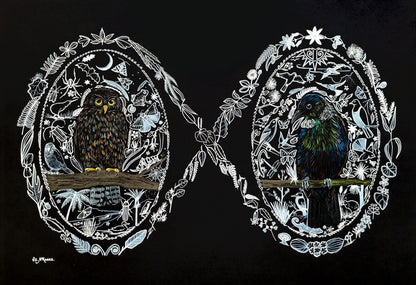 Two oval frames with detailed illustrations of a Ruru and a Tui on a black background. Original Artwork.