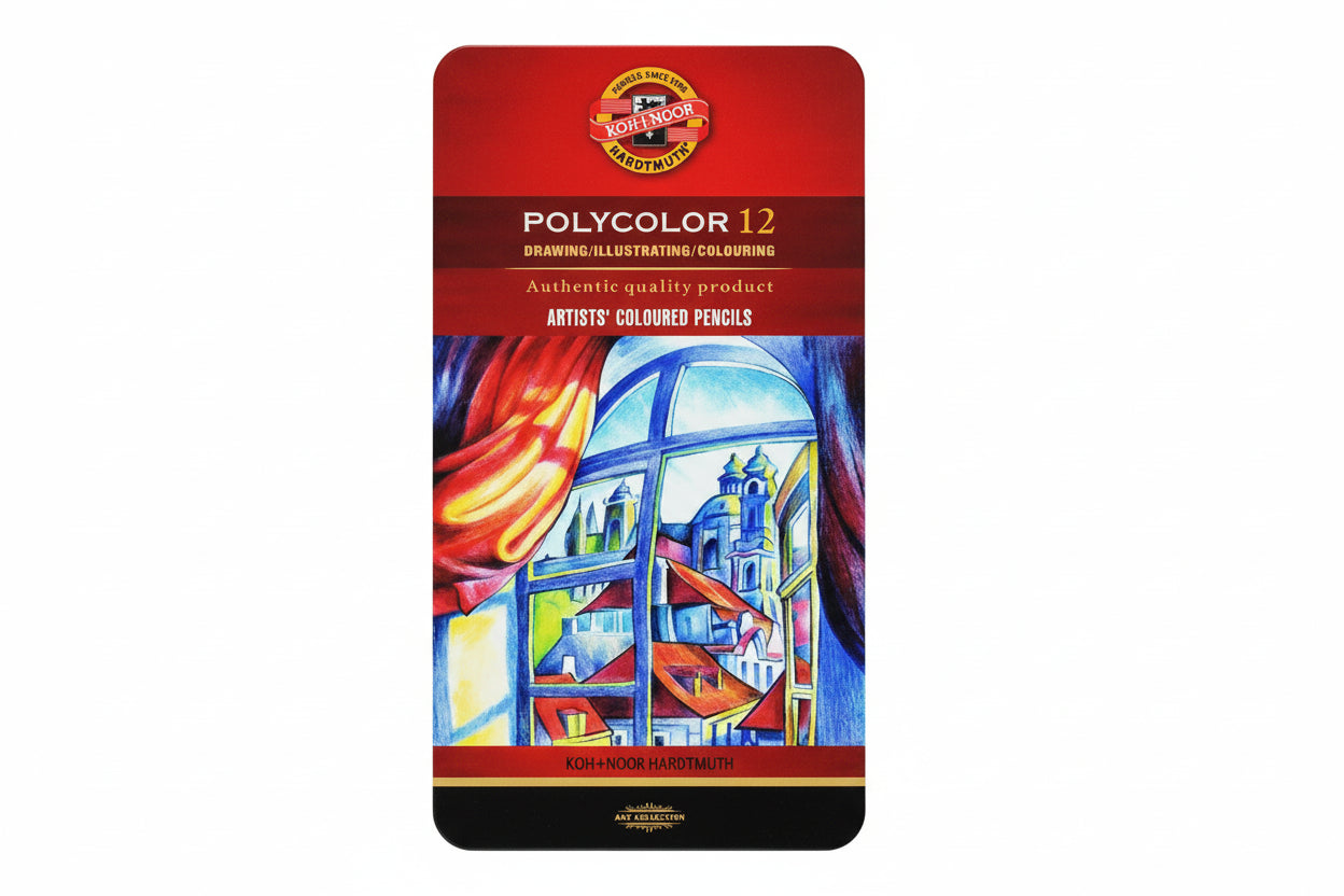 Set of Polycolor artists' colored pencils in a red tin with colorful artwork on the front.