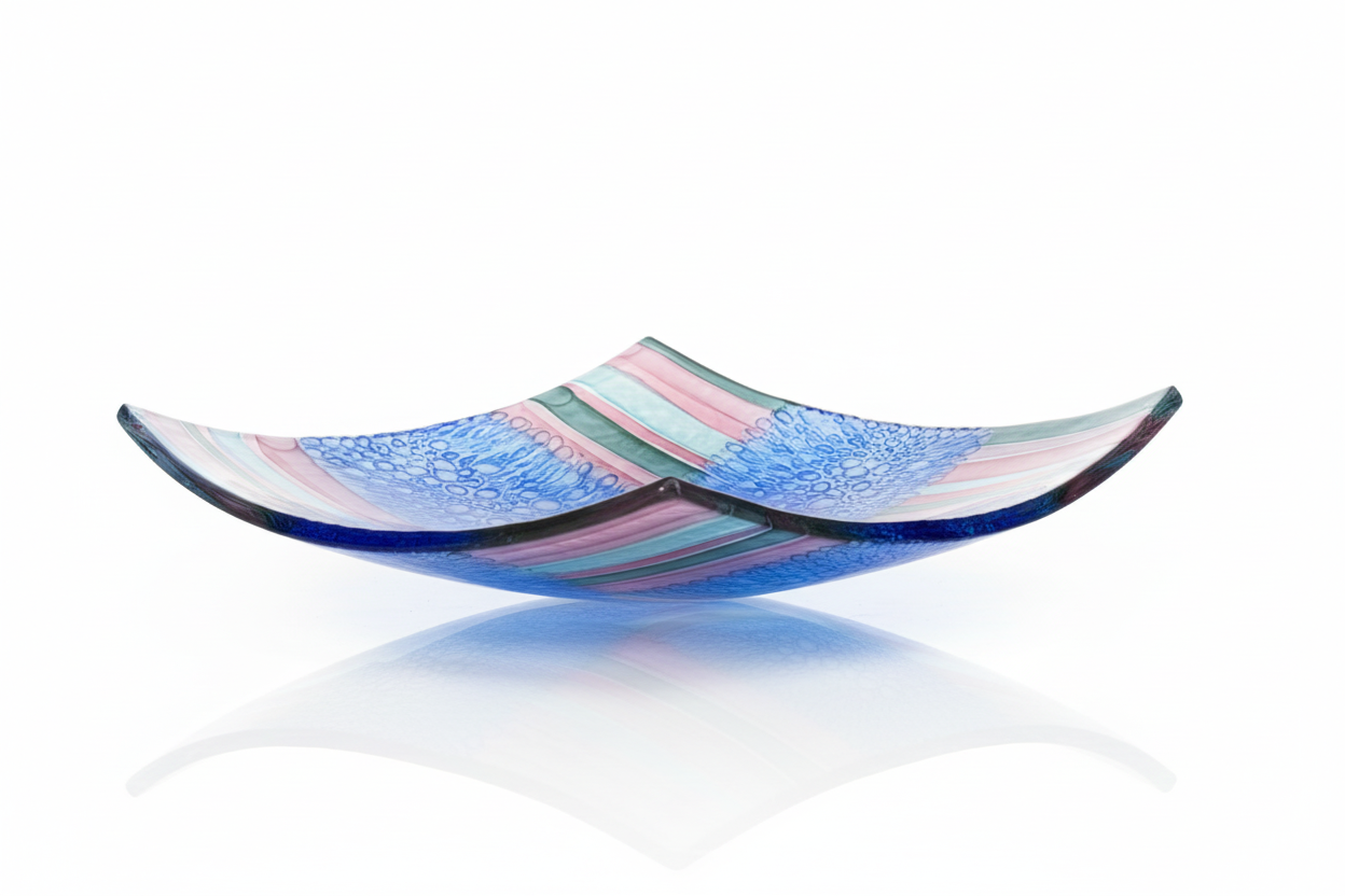Colorful glass bowl with blue and pink stripes on a white background by glass artist David Traub