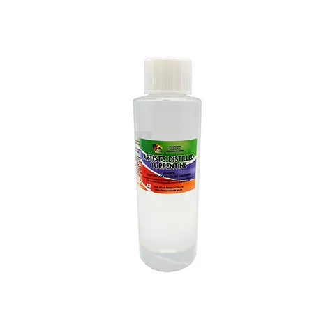 A clear plastic bottle of Artists Distilled Turpentine with a white cap, shown against a plain white background.