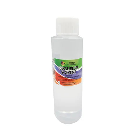 A clear plastic bottle of 5 star odourless solvent with a white cap and a colourful label, shown against a plain white background.