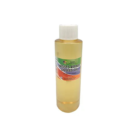 A bottle of 5 star Artists Refined Linseed Oil on a plain white background.