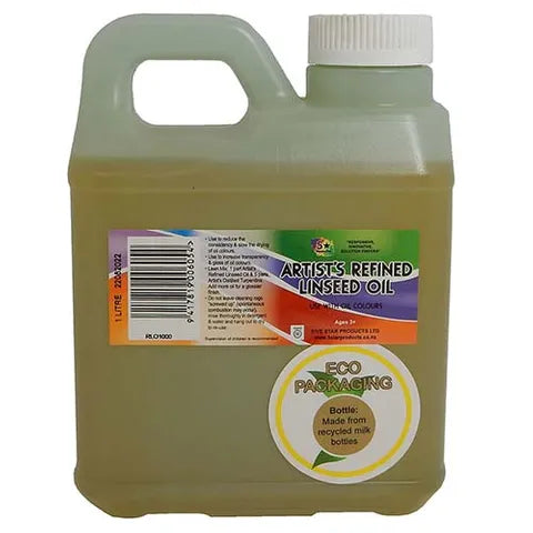 A 1 litre plastic jug of artist's refined unscented linseed oil. The jug has a white screw cap and a colourful label featuring a barcode, product details, and a circular 'Eco Packaging' badge.