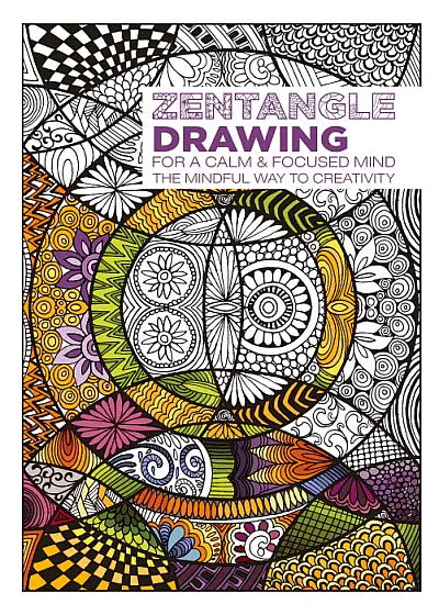 Zentangle Drawing coloring book cover featuring a colorful circular mandala design with black and white line art and text reading 'ZENTANGLE DRAWING FOR A CALM & FOCUSED MIND THE MINDFUL WAY TO CREATIVITY'.