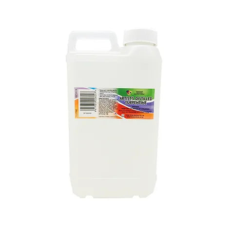 A large translucent white plastic bottle with a handle and white cap, featuring a colourful label for 5 Star Artists Distilled Turpentine