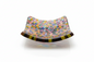 Decorative glass bowl with multicolored pattern on a white background by glass artist David Traub
