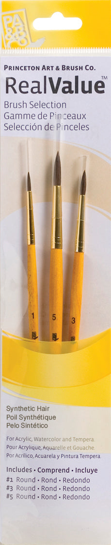 Protonking Art & Brush Co. Real Value Brush Selection Poly Synthetic Hair #3 Acrylic Fine Point Needle Kit, featuring three synthetic hair needles in different sizes on a yellow and white background.